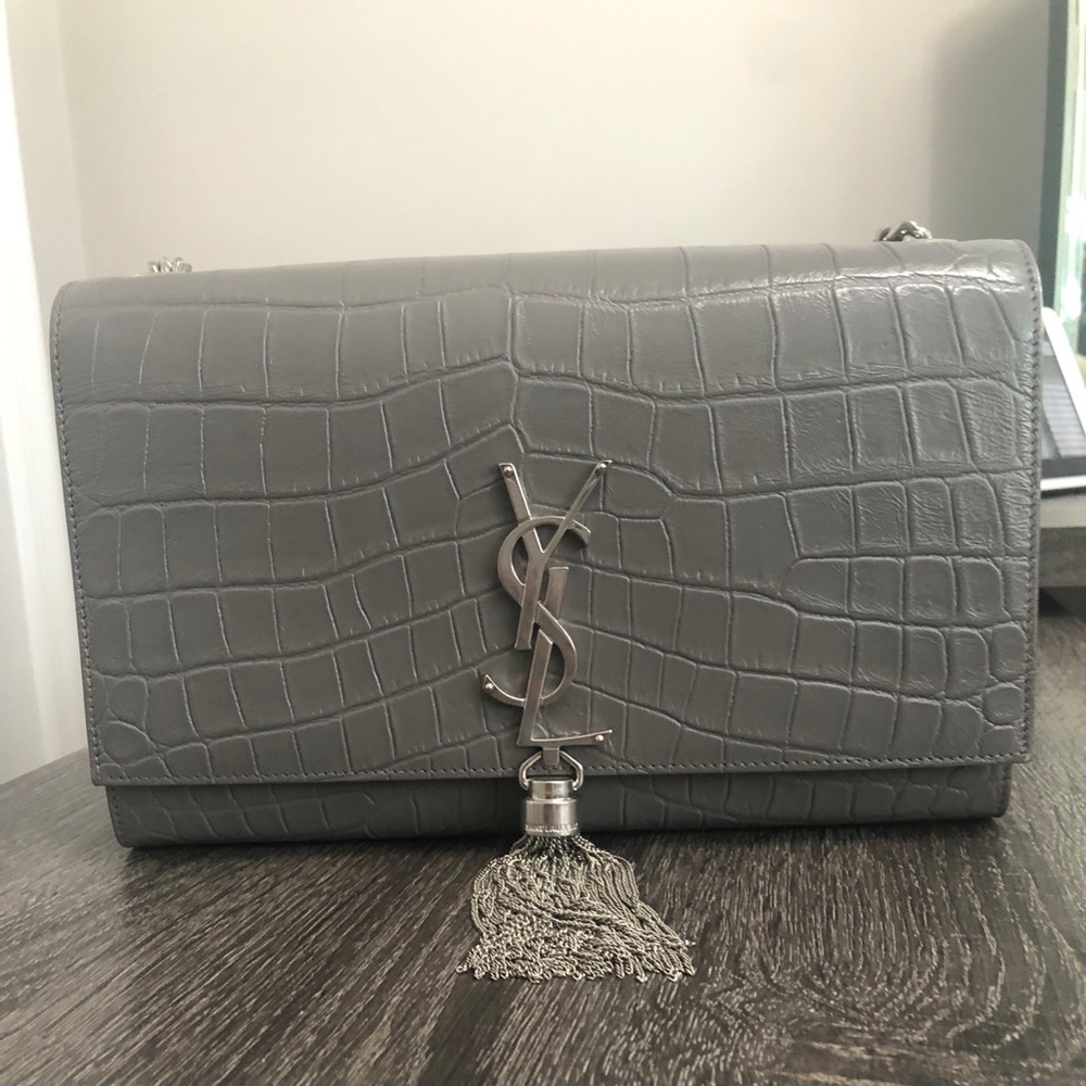 YSL Grey Medium Croc Kate Tassel Chain Bag